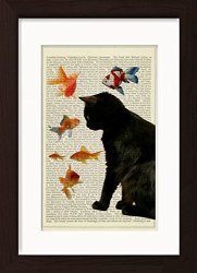Black Cat Watching Goldfish And Fantails Mounted Matted Dictionary Art Print