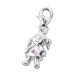 B115 - C10022 - 925 Sterling Silver Girl Charm Dangle - Pink Stone