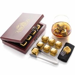 Set of 6 Gold Whiskey Stones Extra Large With Freezer Base, Bullet Shaped  Premium Stainless Steel Reusable Chilling Ice Cubes Rocks 