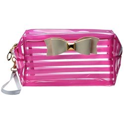 Voberry Stripe Bow Pencil Case Pouch Purse Cosmetic Makeup Bag Storage Student Stationery Zipper Wallet Hot Pink