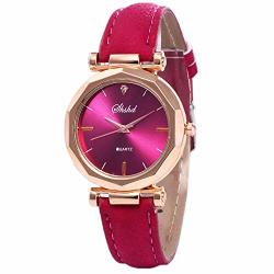 Mchoice??Fashion Women Leather Casual Watch Luxury Analog Quartz Crystal Wristwatch Hot Pink