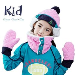 Triwonder Little Boys Girls Toddlers Winter Warm Fleece Flap Hat Scarf Mittens Set Pink L 6-12 Years Old