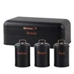 4 Piece Retro Breadbin And Canister Tin Set Combo - Includes Breadbin And Matching Sugar Coffee Tea Canister Tins Black And Rose Gold
