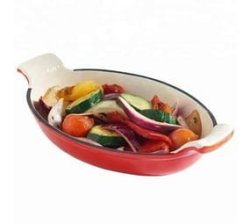 French Cast Iron Enamel Oval Baking Pan Lasagna Pan With Gift Oven Glove 21CM Red Orange