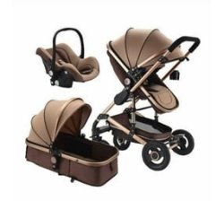 Baby Pram Stoller 3 In 1 Function Foldable With Car Seat - Khaki
