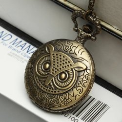 Fashion Bronze Pocket Watch Owl Pattern Necklace Vintage Chain Quartz Watch - Local Shipping
