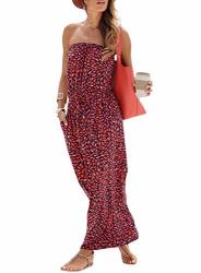 Happy Sailed Womens Bohemian Long Dresses Flower Printed Strapless Loose Beach Bandeau Summer Maxi Dresses XL Red