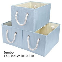 Storage Bin With Strong Cotton Rope Handle Foldable Storage Basket By Storageworks Light Blue Bamboo Style Jumbo 3-PACK