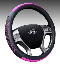 Leather Auto Car Steering Wheel Cover Anti-slip Heavy Duty Thick Durable Elegant No Smell UNIVERSAL15 Inch Steering Cover-black&purple