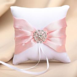 Bridal Special White Satin With Pink Satin Ribbon Ring Bearer Cushion Pillow With Rhinestone