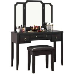 Dressing Table Stool Set Foldable Swivel Mirror Makeup Vanity Desk Chair