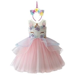 Tulle Ibtom Castle Baby Girls Flower Unicorn Costume Cosplay Princess Dress Up Pageant Party Dance Outfits Short Evening Gowns 2PCS Pink Outfits 5-6 Years