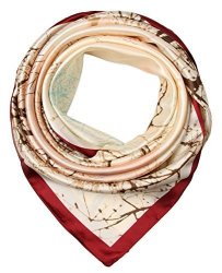 35" Ladies Satin Square Silk Like Hair Scarves And Wraps Headscarf For Sleeping Auburn Trees And White Floral Pattern