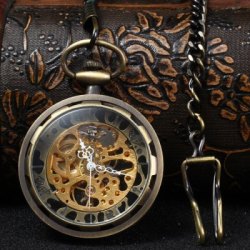Mechanical Pocket Chain Watch Hollow Out Design - Bronze