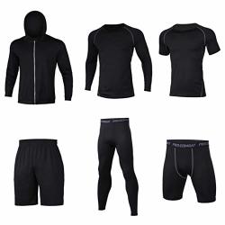 LKFIT-01 Men's Compression Sportswear 6 Pcs Fitness Running Workout Suits XL Black