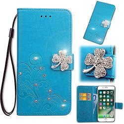 Gostyle Leather Wallet Case Blue For Sony Xperia XZ2 Sony Xperia XZ2 Flip Case Embossed Flower Luxury Diamond Magnetic Closure Cover With Hand Strap card