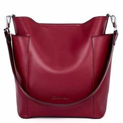 Bostanten Genuine Leather Handbag Designer Hobo Shoulder Bucket Bags Tote Purses And Handbags Set With Clutch Purses Wine Red