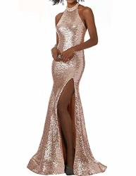 Women's Halter Sequin Prom Dress Floor Length With High Split Open Back Evening Party Gown Rose Gold Size 6