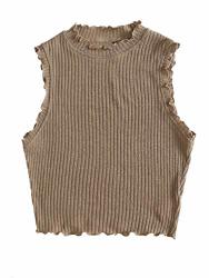 Shein Women's Lettuce Trim Sleeveless Crewneck Tee Solid Rib-knit Crop Tank Tops Khaki XL
