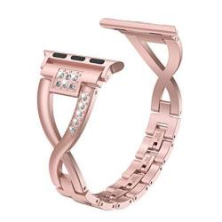 Wearlizer Rose Gold Compatible Apple Watch Bands 38MM Womens Rhinestone Iwatch Replacement Stainless Steel X Bling Wristbands Fashion Bracelet Metal Hand Removal Buckle Series