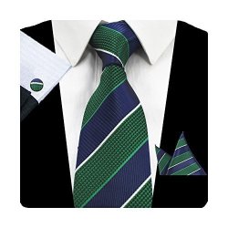 Fashion Gusleson Striped Men Tie Set Green And Blue Necktie With Handkerchief And Cufflinks 0726-15