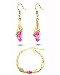 @ Luxury Pink Crystal 18k Gold Plated Earrings+ Bracelet Set In Golden Fansy Gift Box.