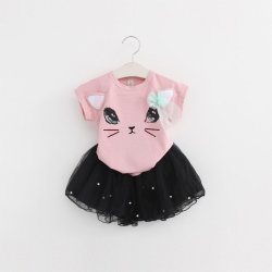 New Summer Fashion Style Cartoon Kitten Printed T-shirts+net Veil Dress 2PCS - Pink 2T