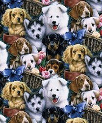 Puppies Make Puppy Dog Faces Cotton Fabric By The Yard