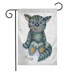 Decorative Garden Flag Cat Double Suture W12 X L18 Inch Happy Teddy Cat Illustration With A Dead Fish Skeleton Sweet Cartoon Toy Humor Print