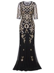 Vijiv Vintage 1920S Long Wedding Prom Dresses 2 3 Sleeve Sequin Party Evening Gown Xx-large Black Gold