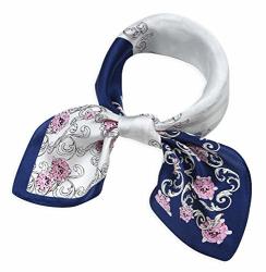 Women's Small Square 100% Real Mulberry Silk Scarfs Scarves 21" X 21" Flowers Oxford Blue And White