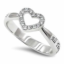 925 Cz Open Heart Silver Ring "all Things Through Christ My Strength - Phil. 4:13" Christian Bible Verse Scripture Jewelry 6