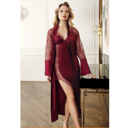 Perin Lingerie Asymmetrical Satin & Lace Slip Dress With Flared Sleeve Belted Robe Burgundy - M 34