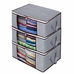 Awekris Foldable Storage Bag Set Of 3 Large Foldable Clothes Organizer Clear Window & Carry Handles Great For Clothes Blankets Closets Bedrooms And More Grey