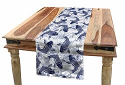 Ambesonne Fish Table Runner Japanese Carp Koi With Wave Patterned Background Ancestral Animals Culture Dining Room Kitchen Rectangular Runner 16" X 120" Dark Blue White