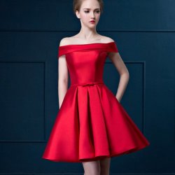 Women's Cute Red Slash Neck Solid Satin Above Knee Evening Dress Door For Only R45