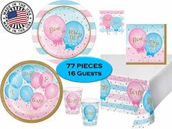 Gender Reveal Boy Or Girl Party Supplies For 16 Guests - Dinner & Dessert Plates Napkins Cups Thank You Stickers & Tablecover - 77