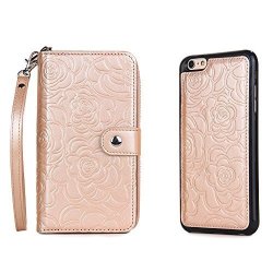 Rose Gold Removable Magnetic Wallet Case For Iphone 6 Plus Iphone 6S Plus 5.5" Screen Hand Strap + Large Pockets + Multiple Card