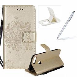 Herzzer Strap Leather Case For Huawei P Smart Bookstyle Magnetic Gold Solid Color Stand Flip Case For Huawei P Smart Premium Elegant Butterfly Tree