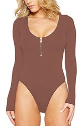 Women Laucote Round Neck Long Sleeve Jumpsuit High Cut Front 1 4 Zipper Playsuit Coffee Large