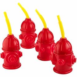 Straw Fire Hydrant Cups With Lids - Pack Of 4 Reusable 12 Oz Red Plastic Fire Truck Party Supplies Cups And Firefighter Birthday Party