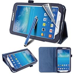Mega.deals4u - Pu Leather Folio Stand Case For Samsung Galaxy Tab 3 7.0 Wifi Tablet Sm T Blue