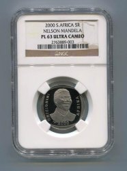 Pl63 Proof Like 63 Pl 63 Ngc Ultra Cameo Graded Nelson Mandela Smiley R5 2000 Coin - Low Population
