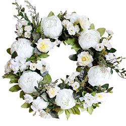 Muzi Artificial Peony Flower Wreath Silk Cloth Wreath With Green Leaves For Front Door Wedding Window Candlestick Wall Home Holiday Decor White