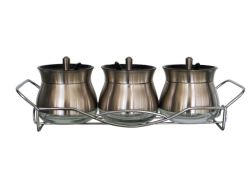 4 Piece Broad Glass Condiment Set In Polished Steel With Metal Rack & Scoops
