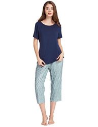 Women's Zexxxy Sleepwear Cotton Short Sleeve Round Neck Tops And Pants Navy Blue Size XXL