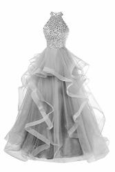 Pettus Women's Beads Keyhole Back Prom Dresses Long High Neck Sequins Evening Gowns Silver
