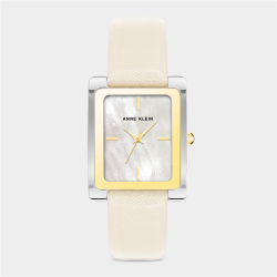 Anne Klein Silver & Gold Plated Rectangular Ivory Leather Watch