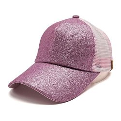 High Messy Bun Ponytail Adjustable Glitter Mesh Trucker Baseball Cap Pink