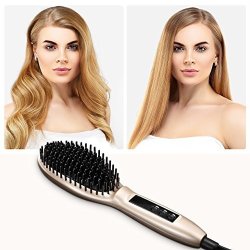 Royalfirst Hair Straightening Brush Thermo Hair Straightener Brush Professional Straightening Comb With Anion Hair Care Adjustable Temperature Anti Scald Design Light Golden Color